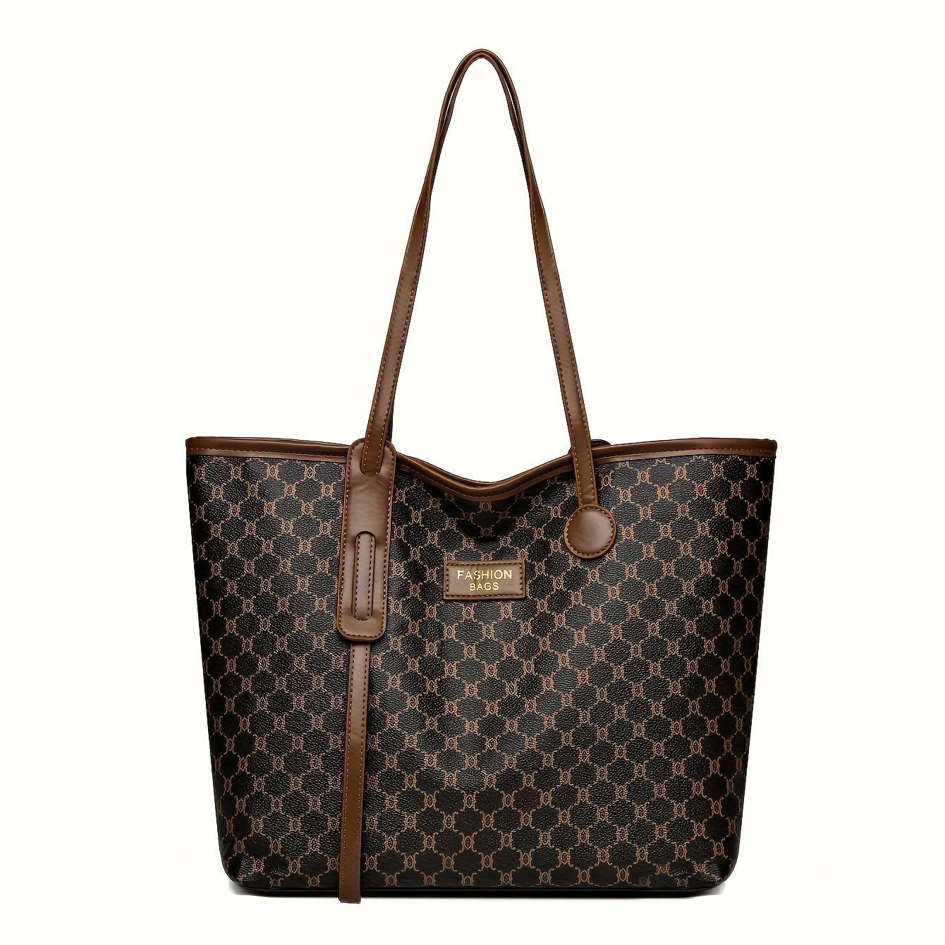 Sac fourre-tout tendance pour femmes – motif géométrique gris et brun foncé, fermeture zippée, doublure polyester