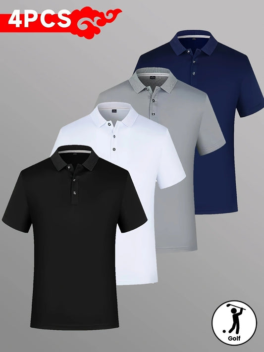 4pcs Men'S Summer Short Sleeve Shirt - Breathable Knit Fabric, Solid Color (Black, White, Navy Blue, Grey) | Regular Fit Casual Golf & Sports Wear with Button-Up Collar, 140gsm
