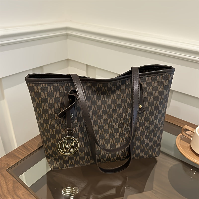 Sac à Main Femme Élégant en Cuir Synthétique à Motif Géométrique – Bandoulière Chaîne Dorée et Logo « M », Grande Capacité avec Multiples Compartiments, Fermeture Éclair, Convertible en Sac à Épaule pour Usage Quotidien, Accessoire Haut de Gamme