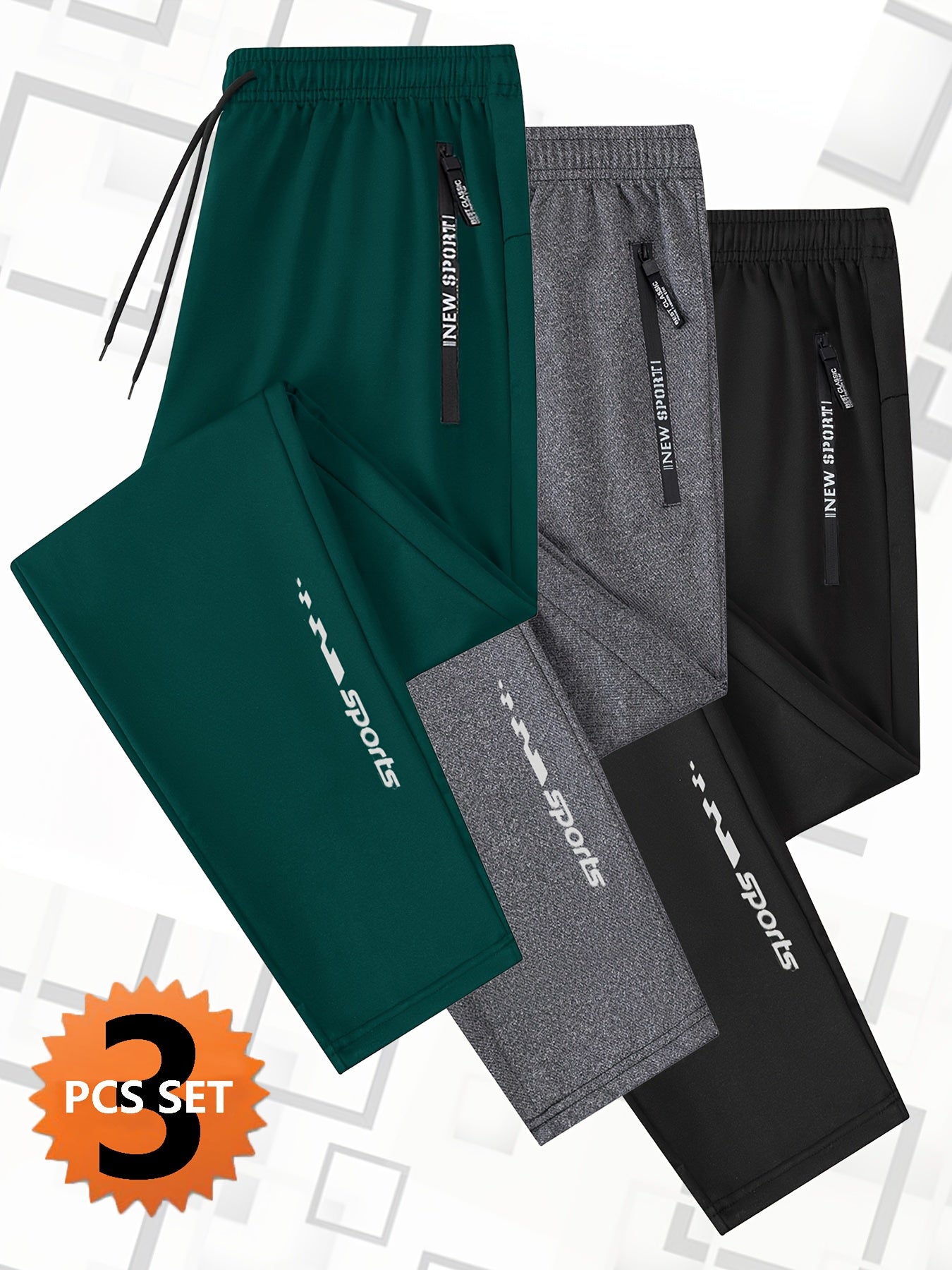 3pcs Joggers Homme – Cordon, Poches Zippées, Sport & Casual, Noir, Tout Saison