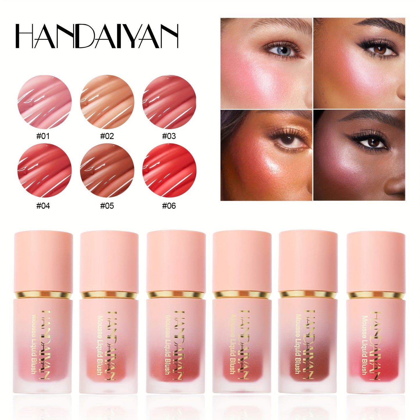 Blush Liquide Velours 6 Couleurs— Couverture Moyenne, Résistant à l’Eau et aux Taches, Tenue Longue Durée, Teinte Naturelle Baie, Sublime les Tons Beige Clair, Parfait pour Saint-Valentin, Festivals de Musique, Halloween et Cosplay de Noël