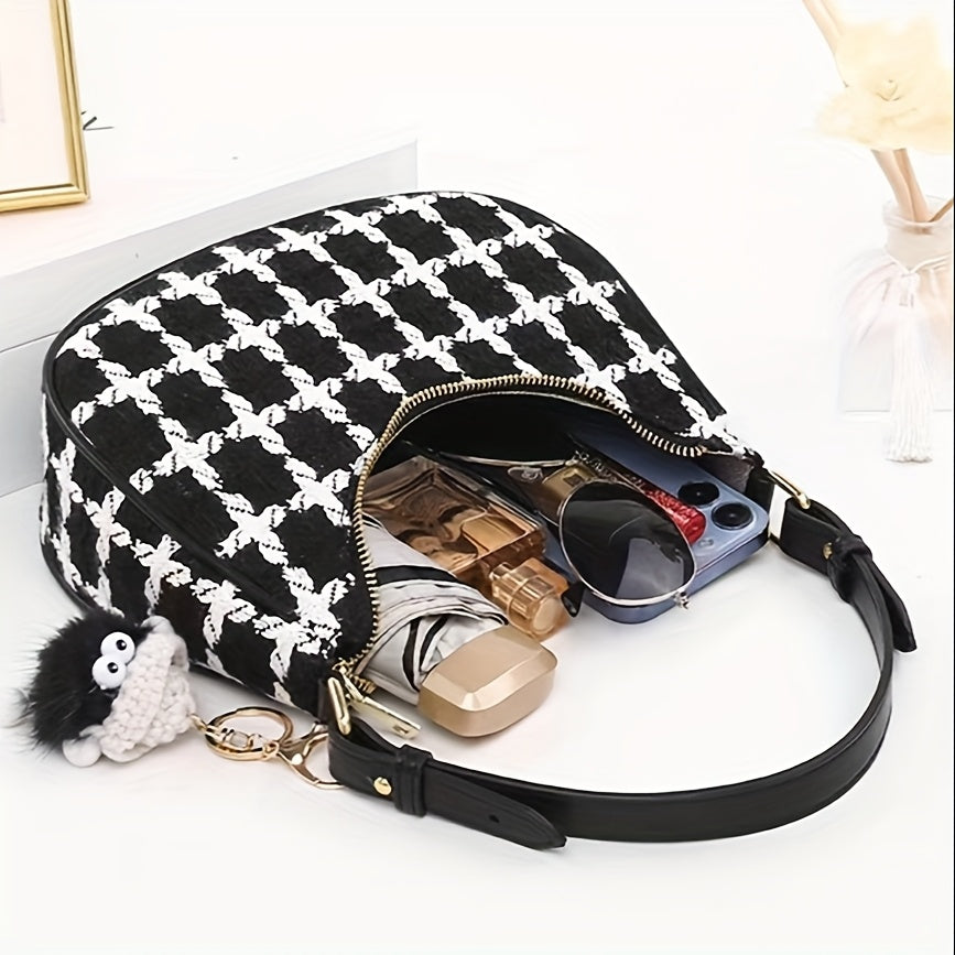 Sac bandoulière femme - Sac à main/bandoulière détachable à motif quadrillé, fermeture éclair, sac à main noir élégant et léger pour occasions décontractées et spéciales