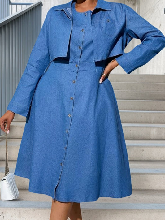 Ensemble Deux-Pièces en Jean Grande Taille Femme – Robe Boutonnée à Manches Longues avec Poches, Bleu Clair, Tissu Légèrement Extensible, Idéale Tenues Décontractées Toutes Saisons