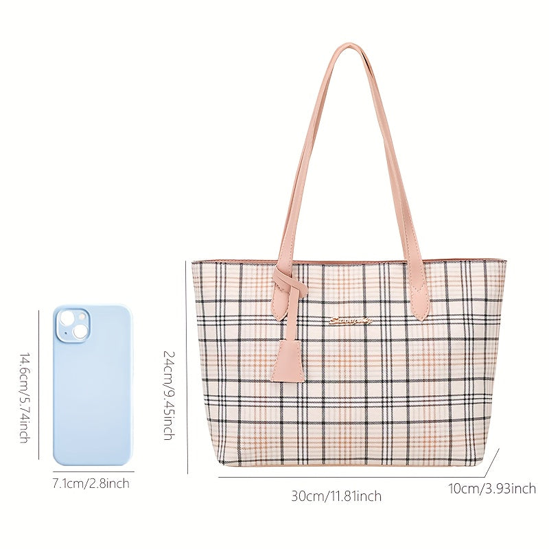 Sac fourre-tout à carreaux pour femmes – grande capacité, léger en PVC, porte-cartes intégré, style professionnel polyvalent, bandoulière, idéal pour courses et usage quotidien