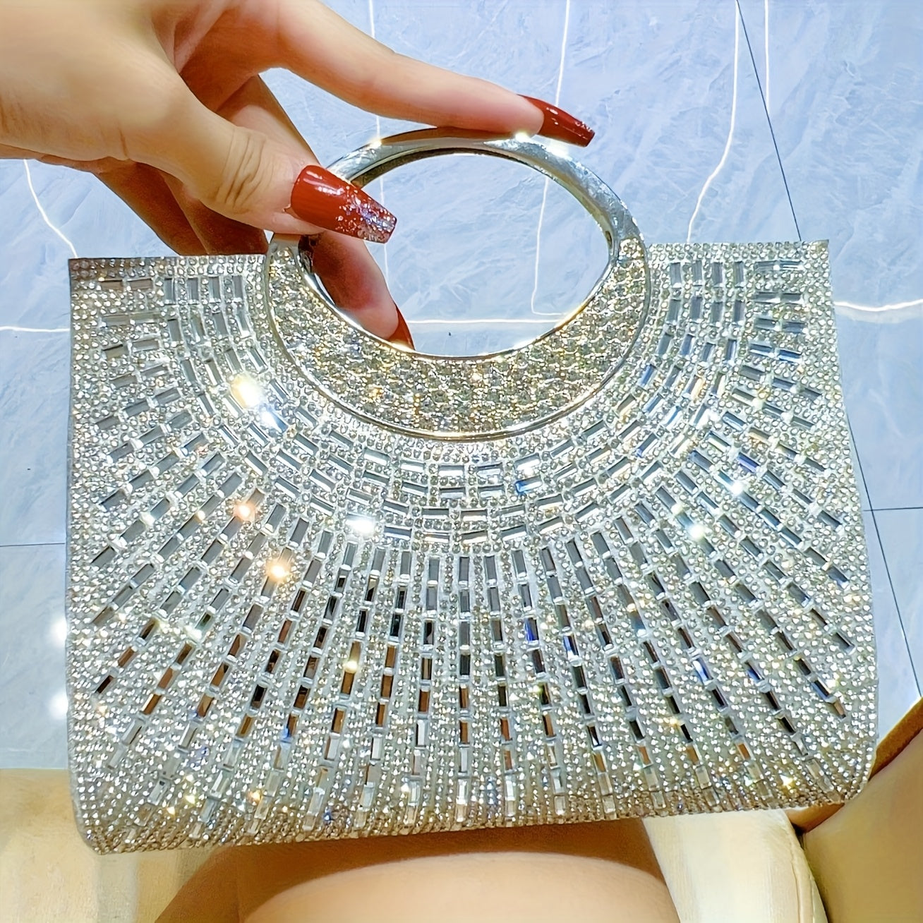Pochette scintillante en strass - Sac de soirée élégant doré à motif géométrique avec bandoulière amovible, fermeture magnétique, doublure en polyester, parfait pour mariages, galas et événements formels