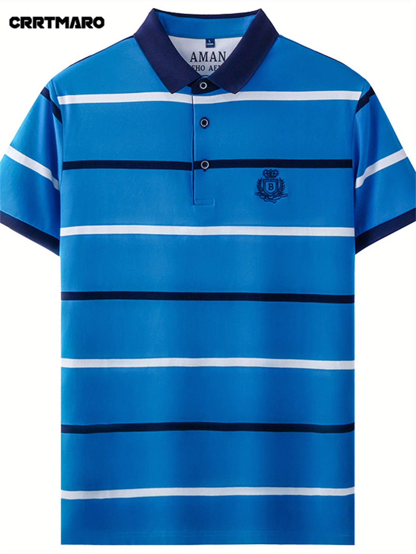 Men's Short Sleeve Shirt - Summer Striped Embroidered Logo, Vibrant Yellow & Navy, Breathable Regular Fit Casual Button-Up for Office & Leisure