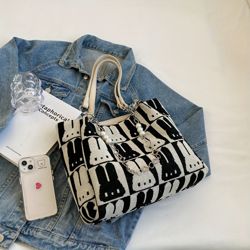 Sac Cabas Chic à Motif Lapin – Grande Capacité, Design Contrasté, Sac Décontracté à Porter à l’Épaule ou Sous le Bras, Fermeture Éclair