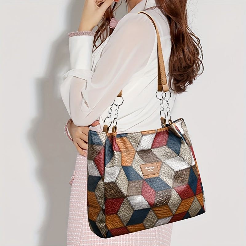 Grand sac fourre-tout pour femmes – motif géométrique à carreaux, multicolore, fermeture zippée, bandoulière fixe, parfait voyage et usage quotidien