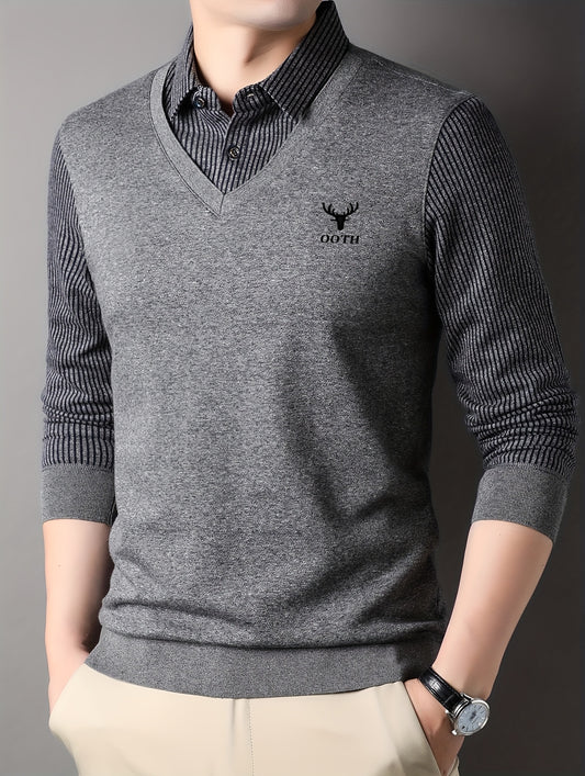 Men'S Spring And Autumn Thin Fake Two-Piece Lapel Button Long-Sleeved Knitted Pullover, Chest Embroidery, Button Placket, Suitable for Daily Commuting, Travel And Office And Other Scenes, Is The First Choice for Gifts