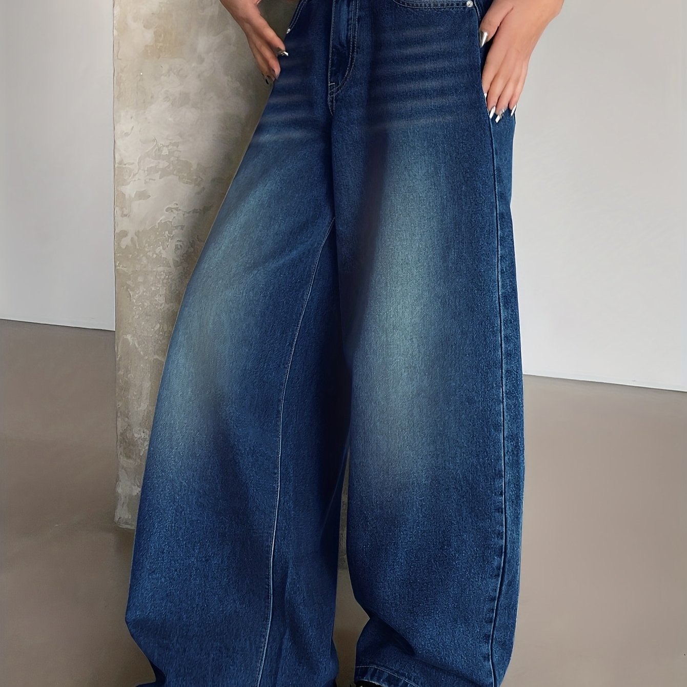 Jeans Femme Oversize Jambe Large Bleu Foncé Effet Usé Jambe Droite Poches Ourlet Net Non Extensible Toute Saison