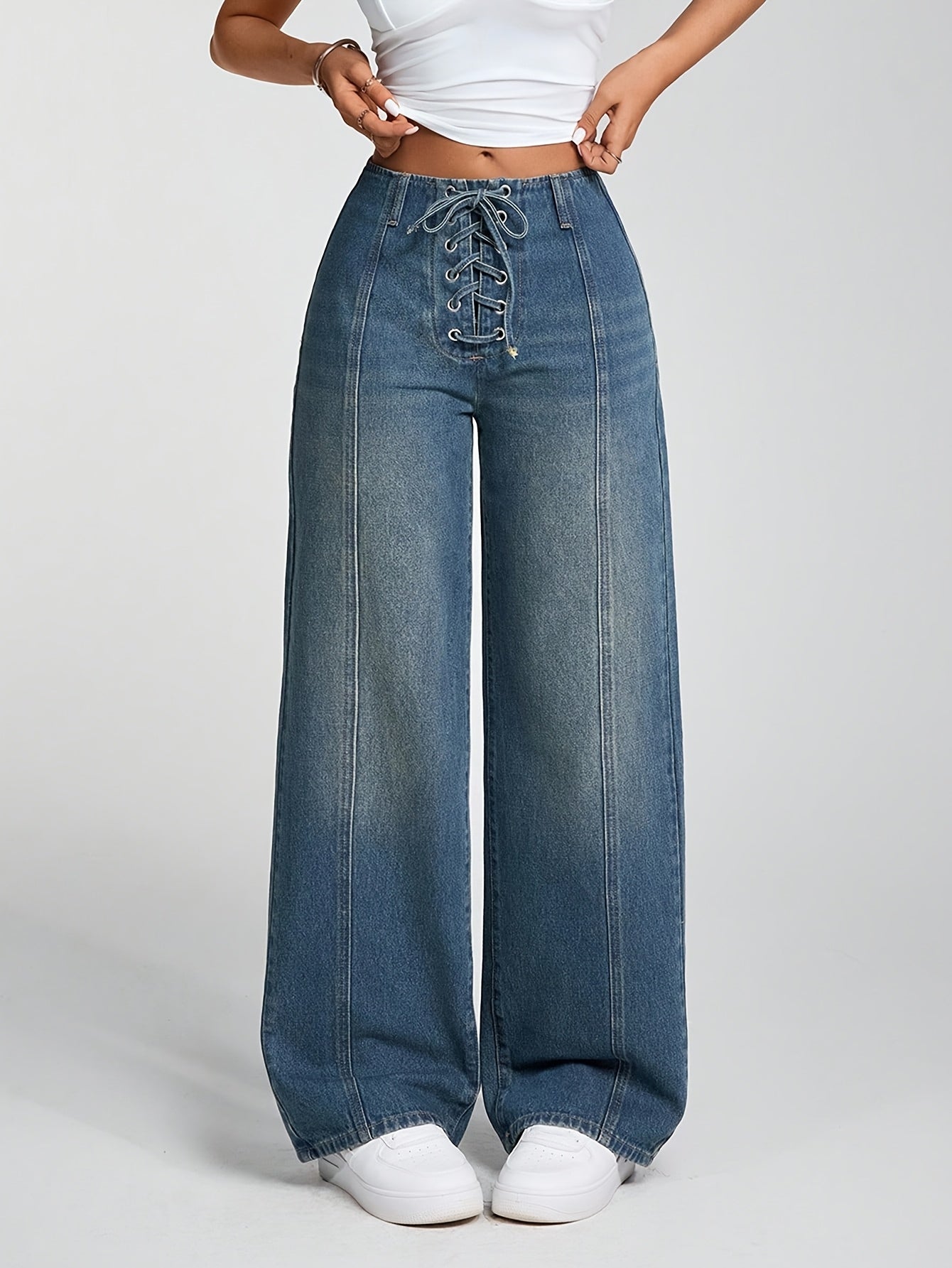 Jeans Femme Élégant Taille Haute Jambe Droite Bleu Clair Ceinture Croisée Sans Extensible Toute Saison Polyvalent Décontracté et Formel