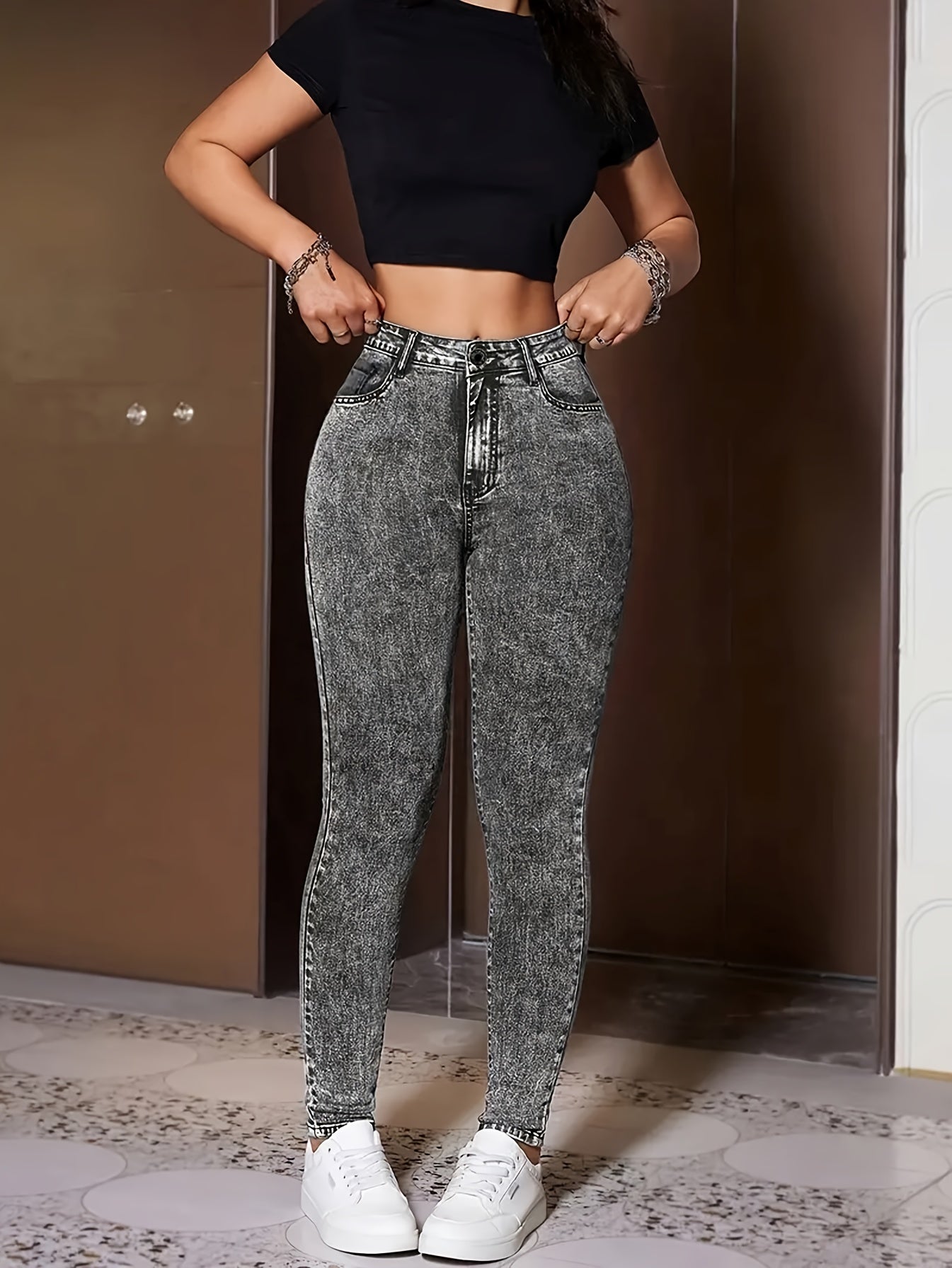 Jean stretch taille haute pour femme, mélange de polyester, coupe décontractée, taille élastiquée, braguette zippée, style printemps/été