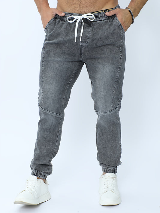 Joggers en denim extensible grande taille pour homme – gris vintage, coupe ample, taille à cordon, bas côtelé décontracté, confortable printemps/automne, denim tissé style vintage