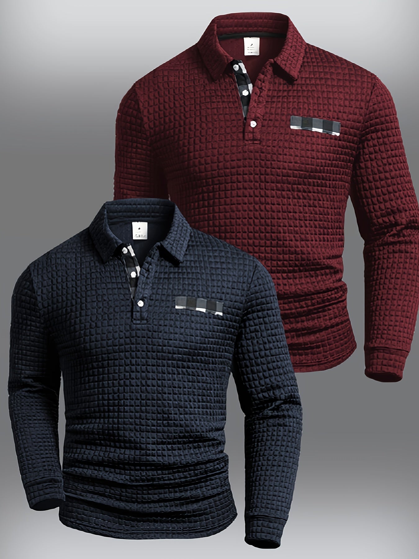 Two Long-Sleeve Polo Shirts with a Digital Print Fabric Featuring a Random Check Pattern, Non-Positioned Plaid Design, Square Check Texture Fabric, Stylish Casual Wear for Everyday Outfits.