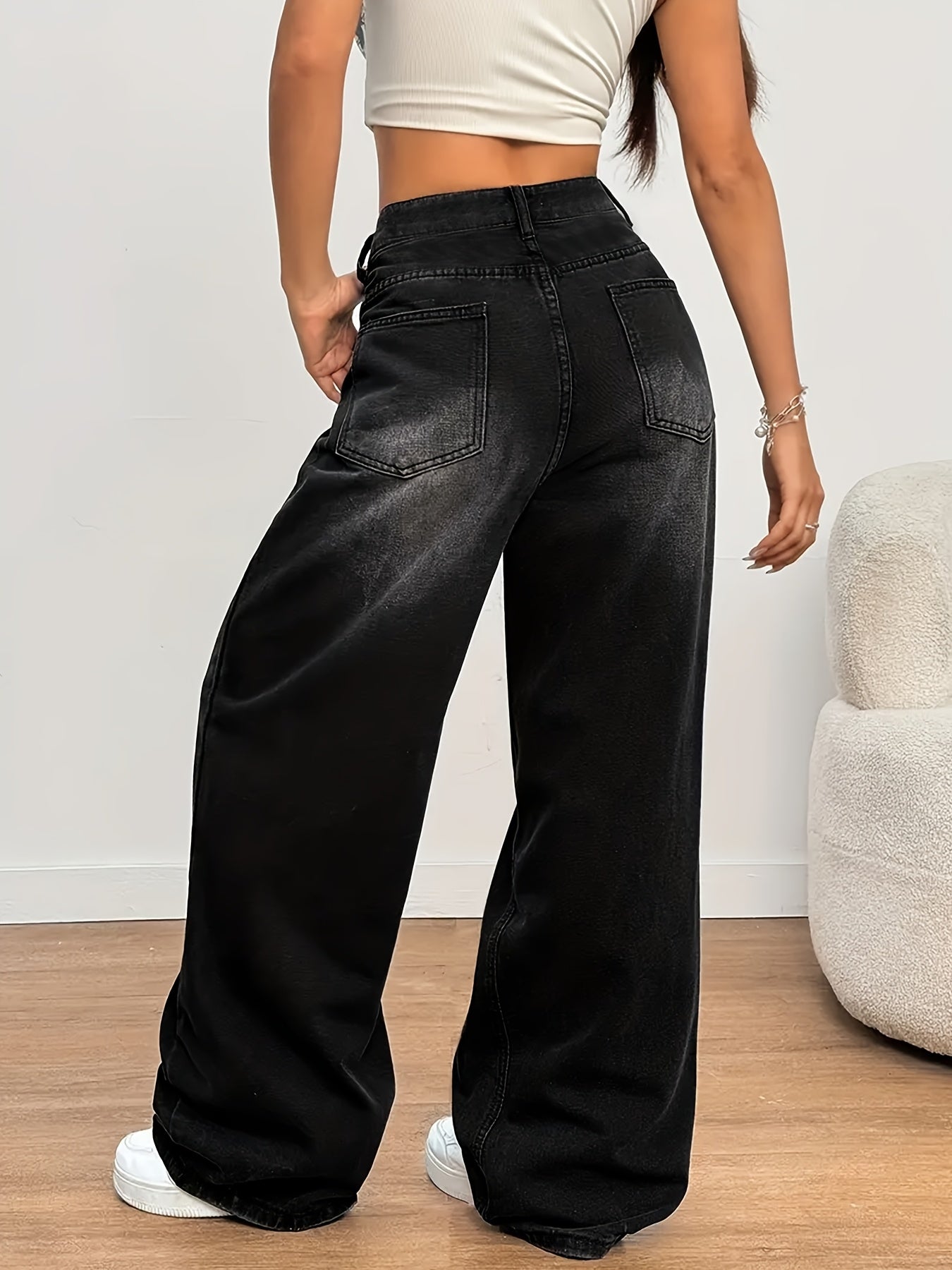 Jeans Femme Taille Haute Noir Jambe Droite Extensible Poches Obliques Clous Confortable Toute Saison Polyvalent