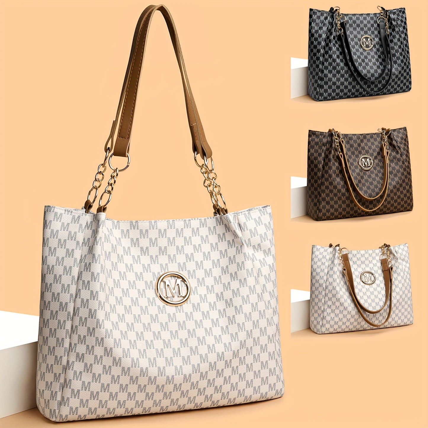 Sac Cabas Femme Élégant et Classique à Monogramme « M » – Grande Capacité, Cuir Synthétique avec Détails Marron, Bandoulières Fixes et Quincaillerie Dorée, Fermeture Éclair, Parfait pour le Travail, Déplacements et Shopping