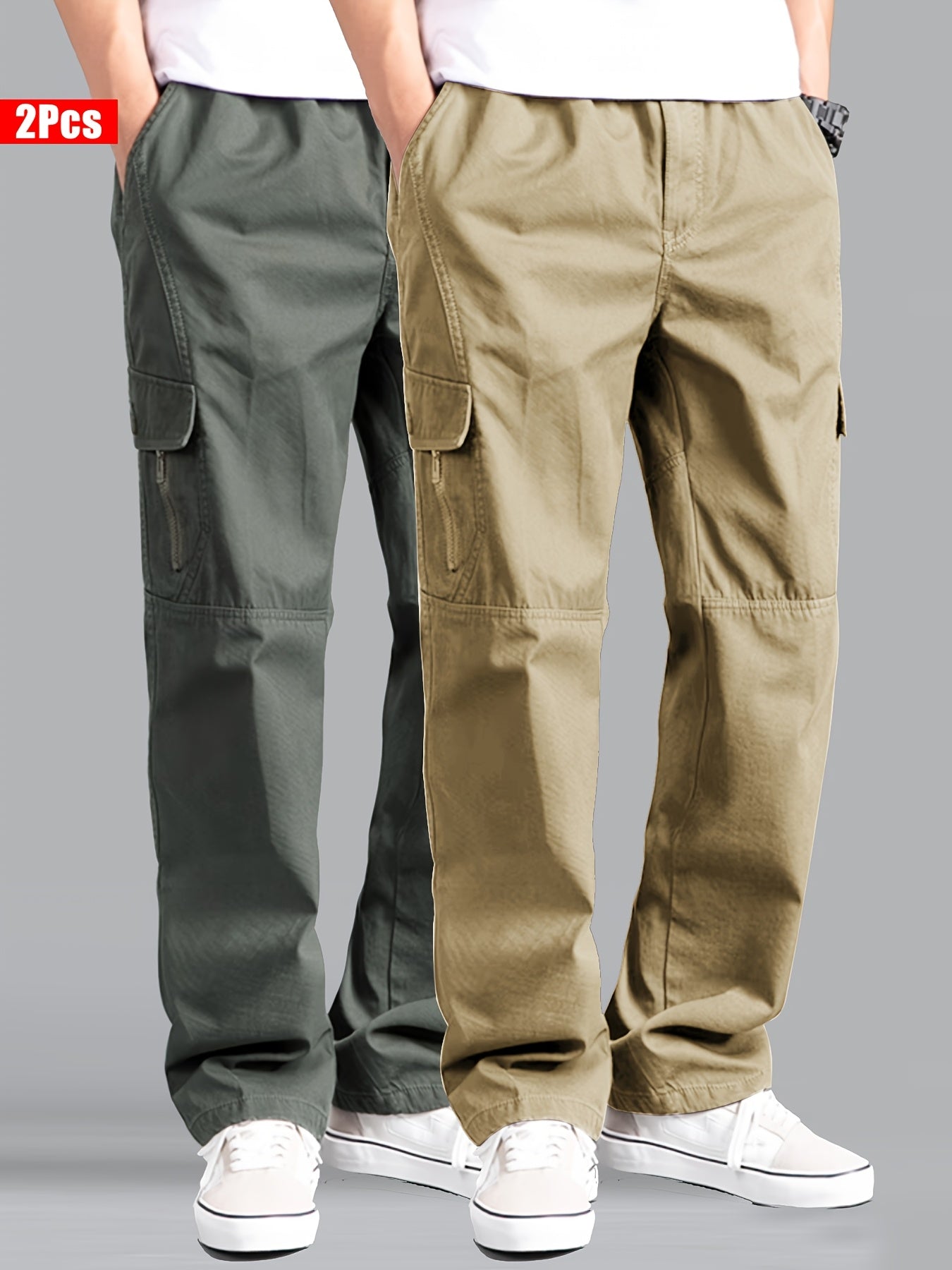 Lot de 2 Pantalons Cargo Homme – Pantalons de Travail Robustes avec Multiples Poches (Latérales, Cargo, Zippées), Tissu Résistant Sans Stretch pour Construction, Randonnée, Camping