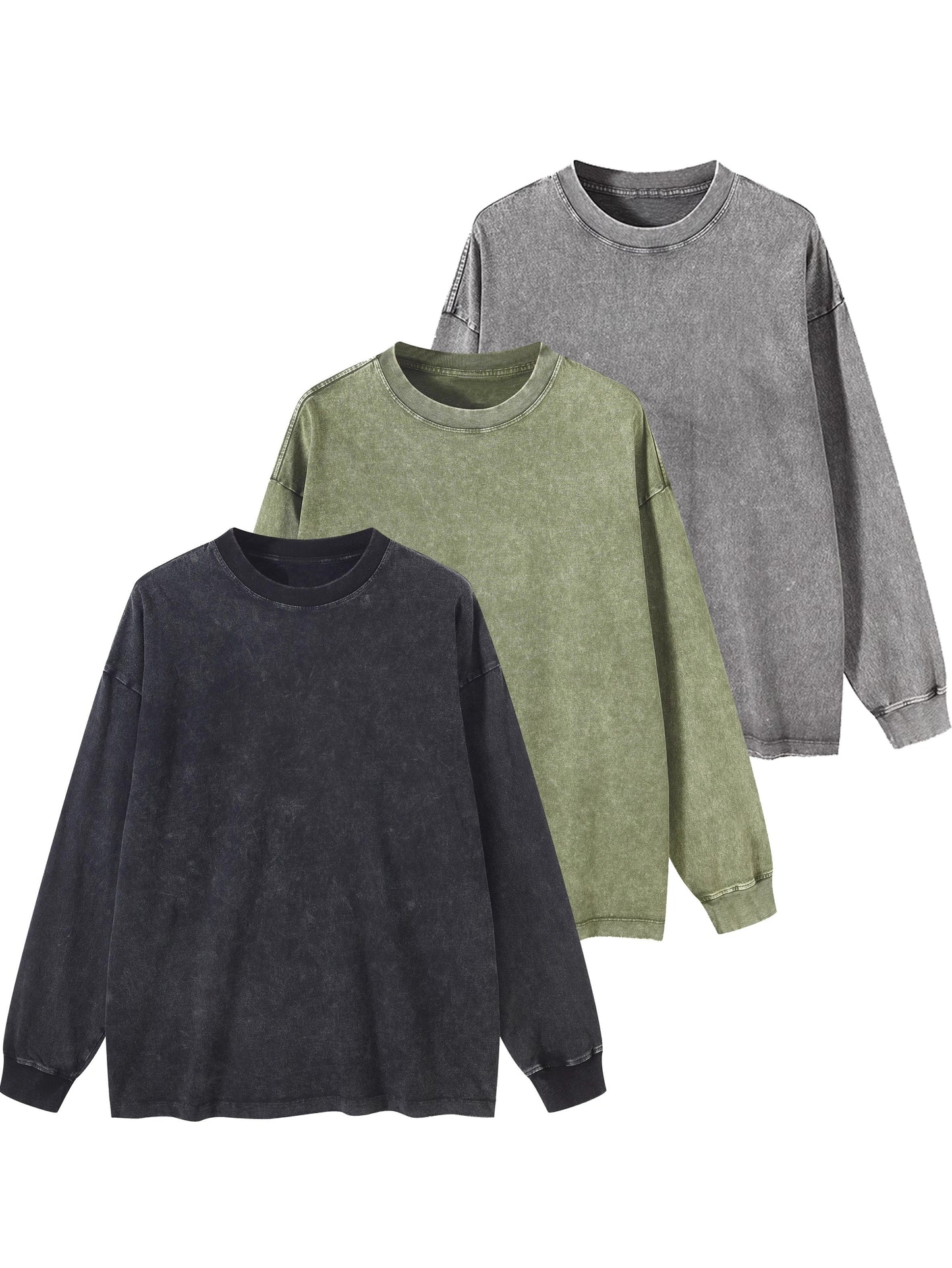 Lot de 3 t-shirts unisexes printemps/automne/hiver – manches longues, col rond côtelé, 240 g, coton pur lourd, style vintage usé délavé, tendance pour couples, nouveau