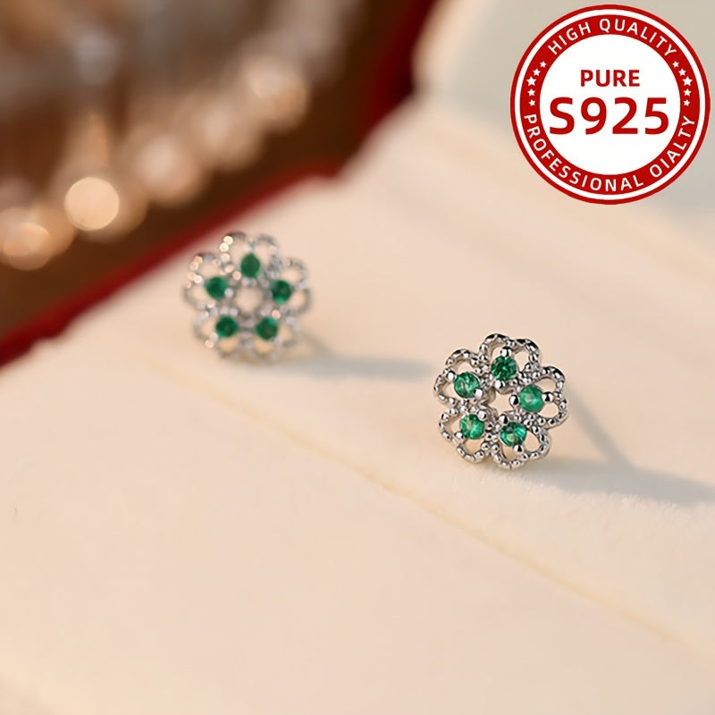 1 paire de boucles d’oreilles élégantes style français à fleur creuse avec zirconia synthétique vert – 1,1 g, argent sterling 925