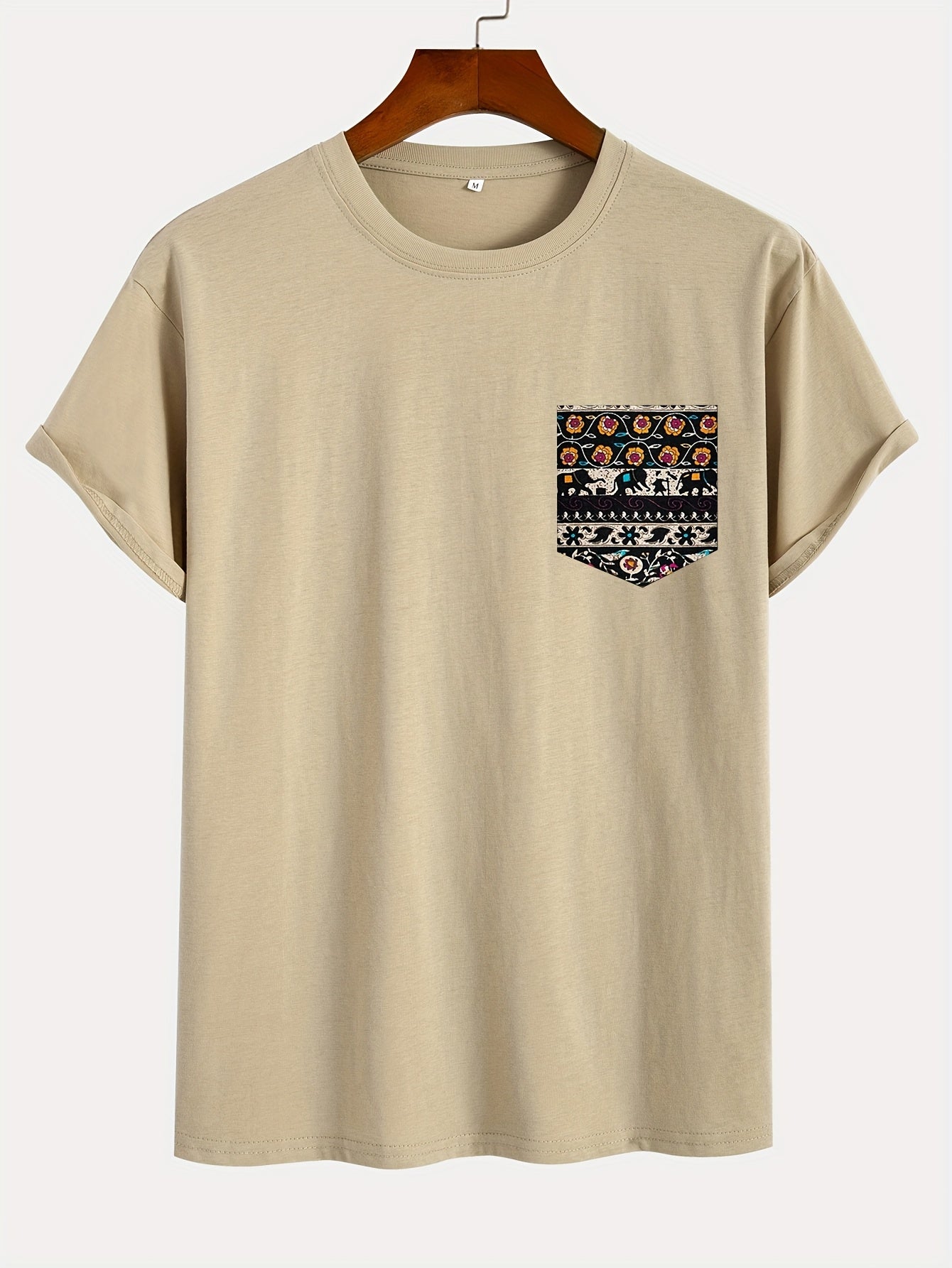 Solid Color Short Sleeve T-Shirt, Ethnic Style Pocketed Tee with Random Print on Pockets, Round Neck Short Sleeve Shirt