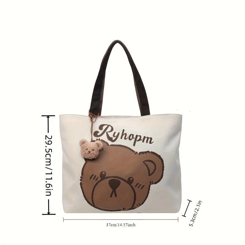 Sac École Femme à Motif Ours – Sac à Épaule Unique, Grande Capacité, Pendentif Tête d’Ours, Polyvalent et Mignon