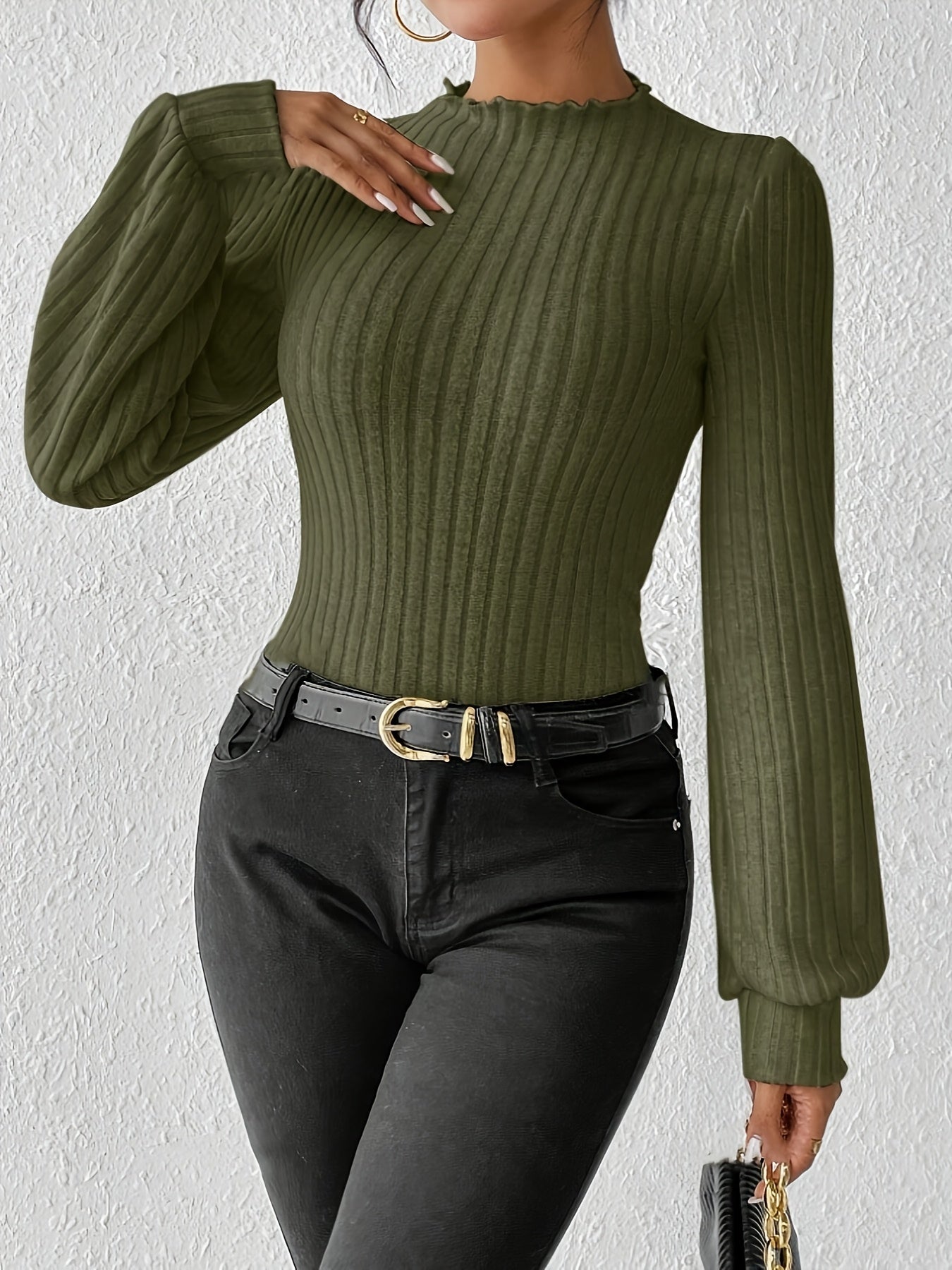 Body élégant femme à manches longues, col montant, en maille côtelée, couleur unie