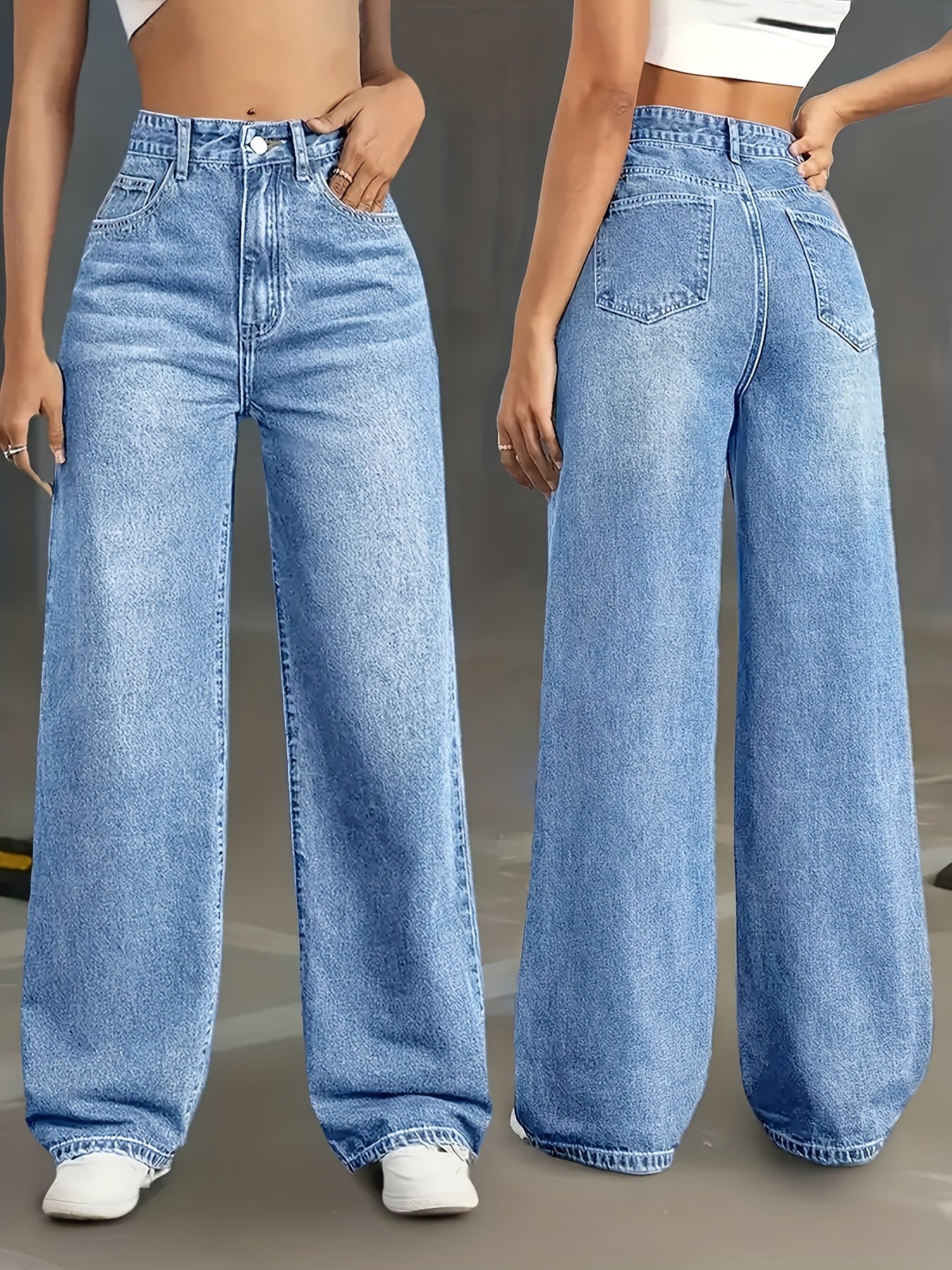 Jean Femme Taille Haute Évasé et Extensible - Pantalon Droit Bleu Délavé avec Ceinture et Poches, Effet Gainant, Idéal pour Toutes Saisons, Travail, Bureau ou Voyage - Jean Casual et Chic