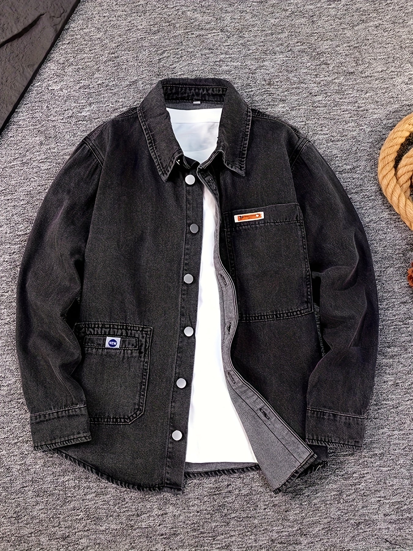 Men's Plus Size Loose Fit Non-Stretch Denim Shirt - Asymmetrical Chest Pockets, Classic Collar Long Sleeve Casual & Evening Shirt for Spring/Fall, Machine Washable, Durable Fabric, Fall Outfit, Stylish Menswear, Sturdy