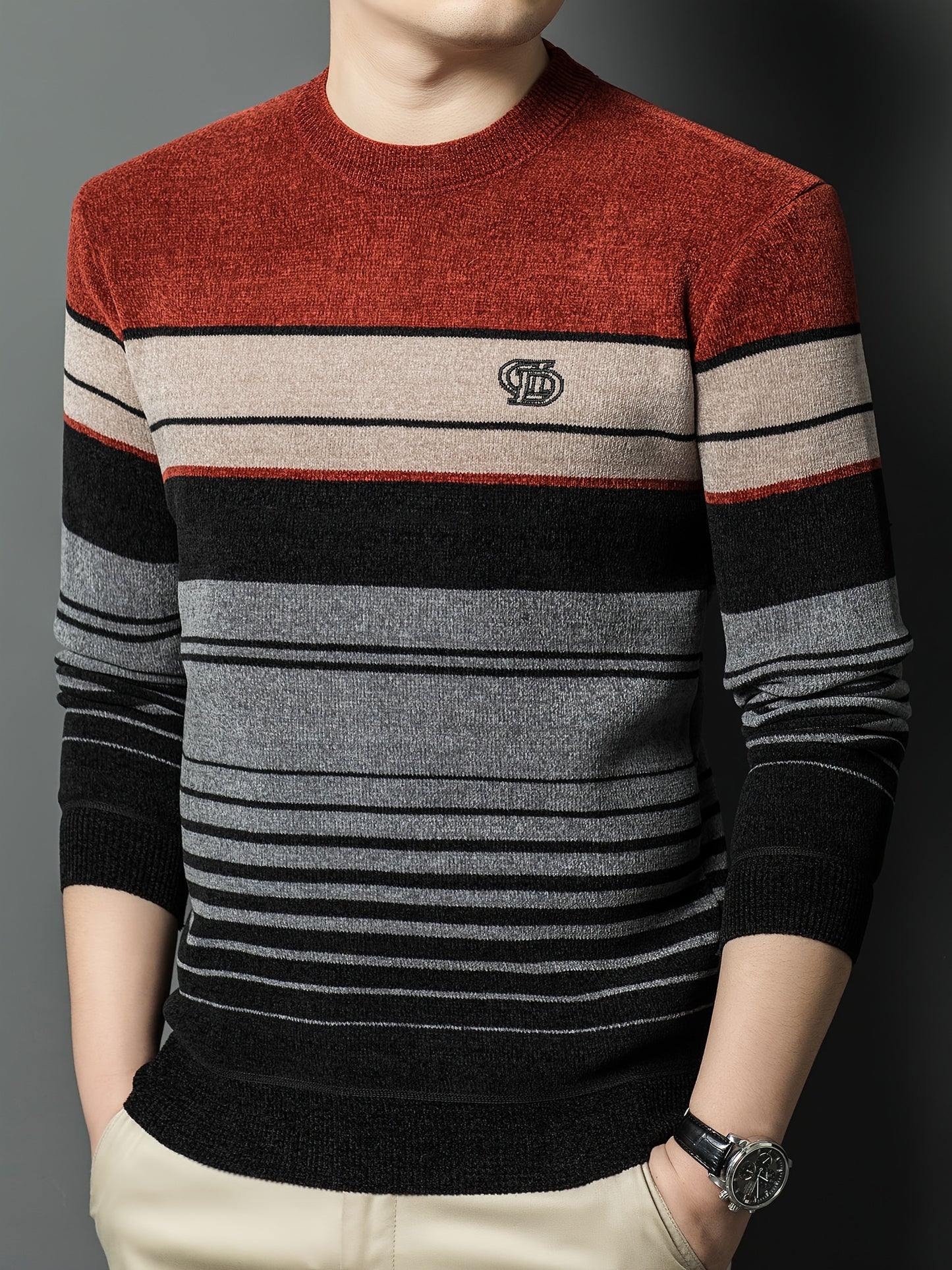Men's Winter Thermal Fleece-Lined Striped Sweater - Thickened Warm Pullover with Embroidered Logo, Casual Round Neck Long Sleeve Knit Top, Machine Washable (Black/Brown/Beige), Cold Weather Apparel, Ribbed Texture, Comfortabl