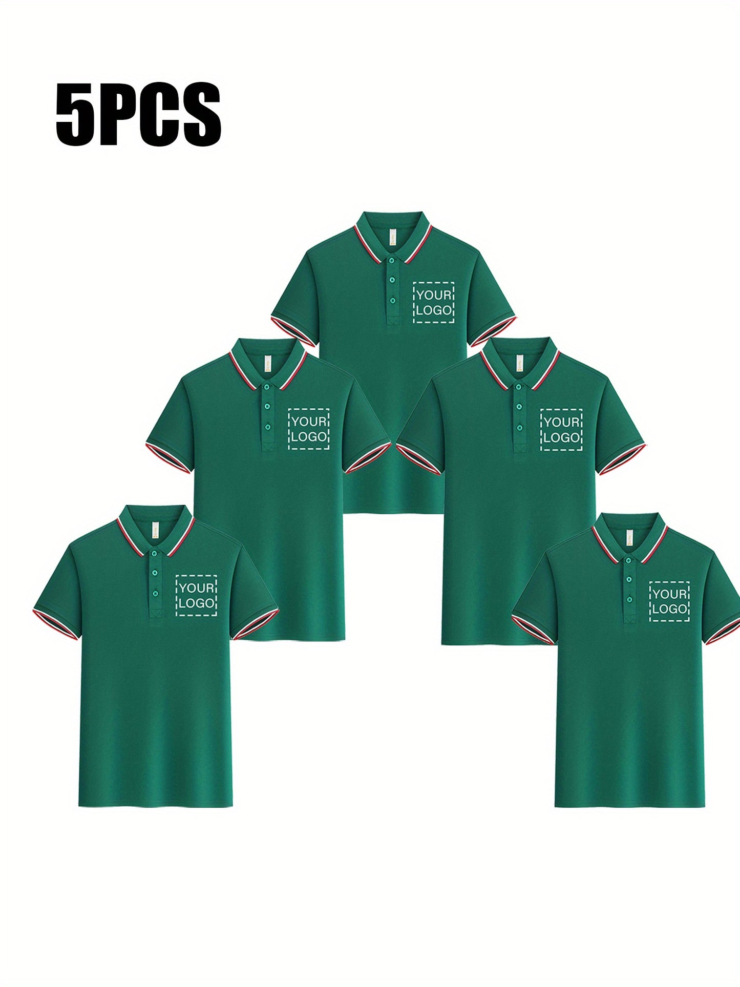 Custom 5pcs, Personalized Logo Print Polo Shirt with a Light Business Style, Made of 100% Polyester, Summer Men'S Striped Short-Sleeve Shirt, Digital Heat Transfer Printing, Casual Outing Fashionable Lapel T-Shirt, Comfortabl