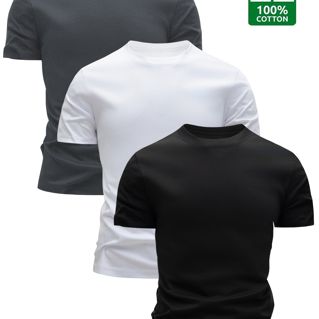 Set of 3 Men'S 100% T-Shirts - Soft And Comfortable for Everyday Casual Wear, Breathable And Moisture-Wicking for Summer, Lightweight Design, Sweat-Resistant