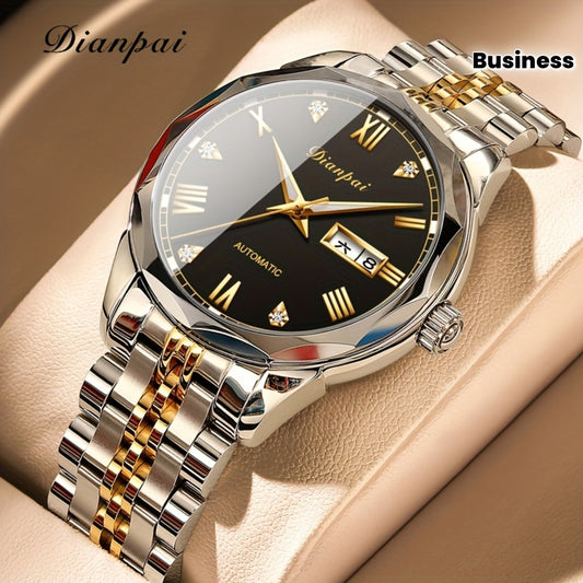 Luxury Men'S Fully Automatic Mechanical Watch with Luminous Calendar & Date Display - Stainless Steel Strap, Golden-Tone Dial, Business & Formal Wear, Without Battery, Formal Accessory, Professional Men, Stylish Men