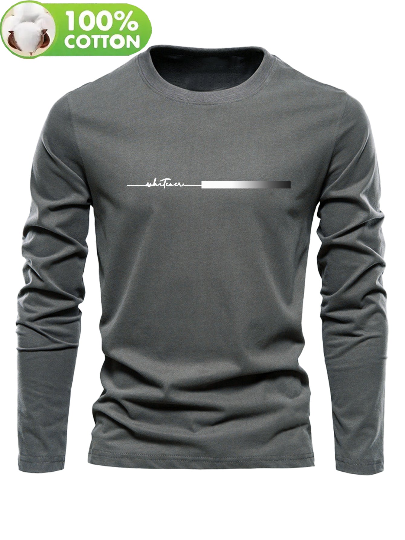 Men's 100% Cotton Long Sleeve T-Shirt with Letter 'H' Logo Patch - Round Neck Casual Top, Regular Fit Spring/Fall Everyday Basic Blouse for men - Versatile Layering Piece for Jeans & Dress Clothes