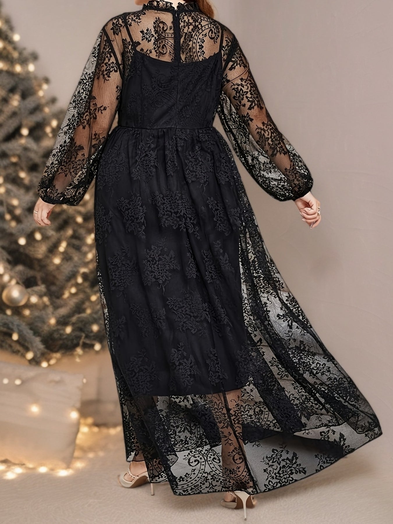 Robe Longue Grande Taille Élégante – Col Montant, Manches Lanternes, Bordure Dentelle, Coupe A-Ligne, Idéale Soirées, Mariages et Galas