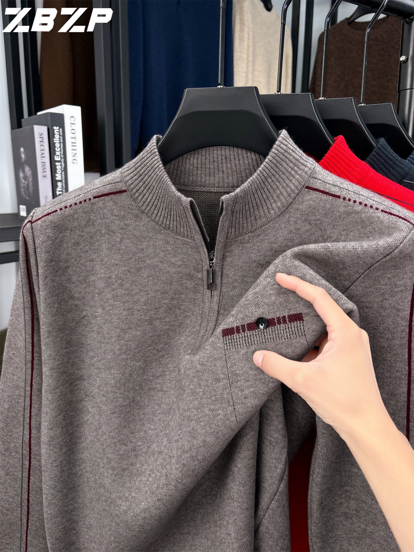 Men's Heavyweight Half-Zip Sweater - Stand Collar Zippered Winter Knit Sweater with Striped Collar & Back Logo, Dark Blue Casual Warm Pullover for Fall/Winter, Versatile Layering for Office & Casual Attire