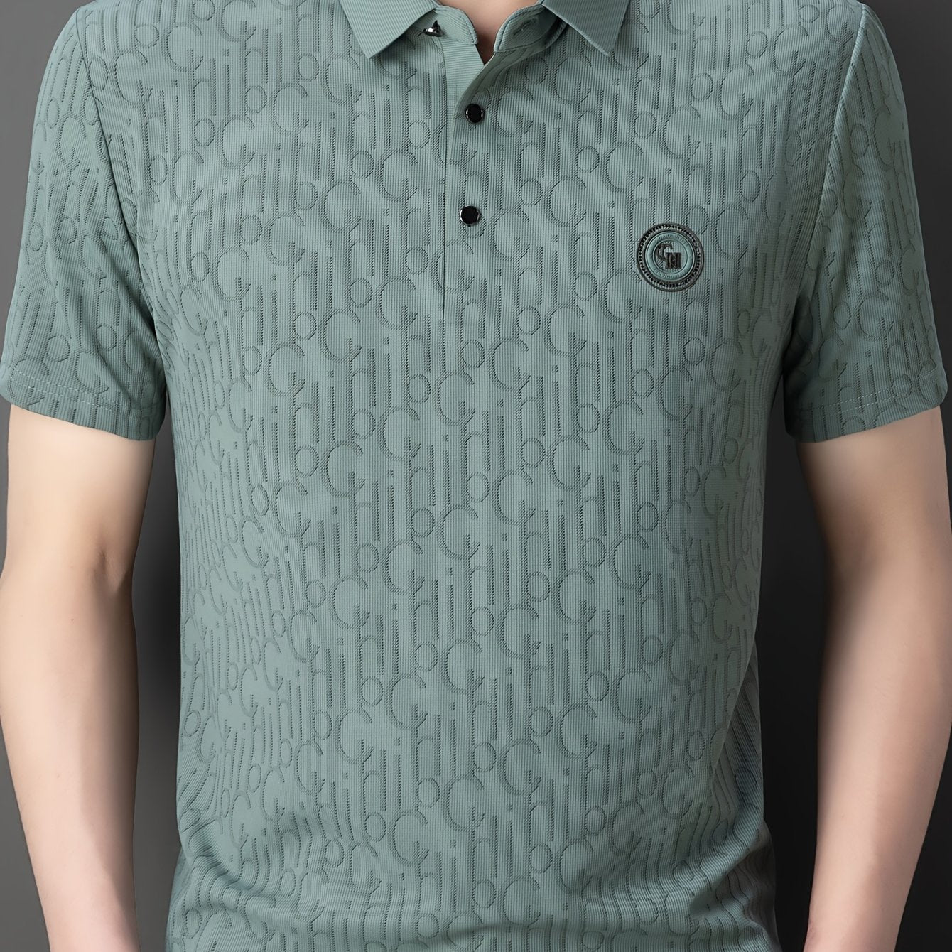 Men'S Breathable Summer Graphic T-Shirt - Short Sleeve, Button-Up Collar, Casual Streetwear with Stylish "H" Print Design, Lightweight Polyester Fabric for Golf, Tennis & Weekend Outing