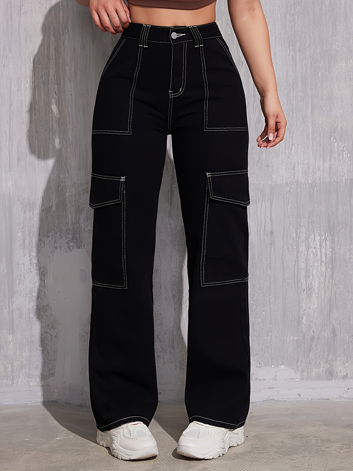 Jean cargo pour femmes - Pantalon de travail non extensible avec poches utilitaires, coupe droite ample, boutons, style décontracté et professionnel, toutes saisons