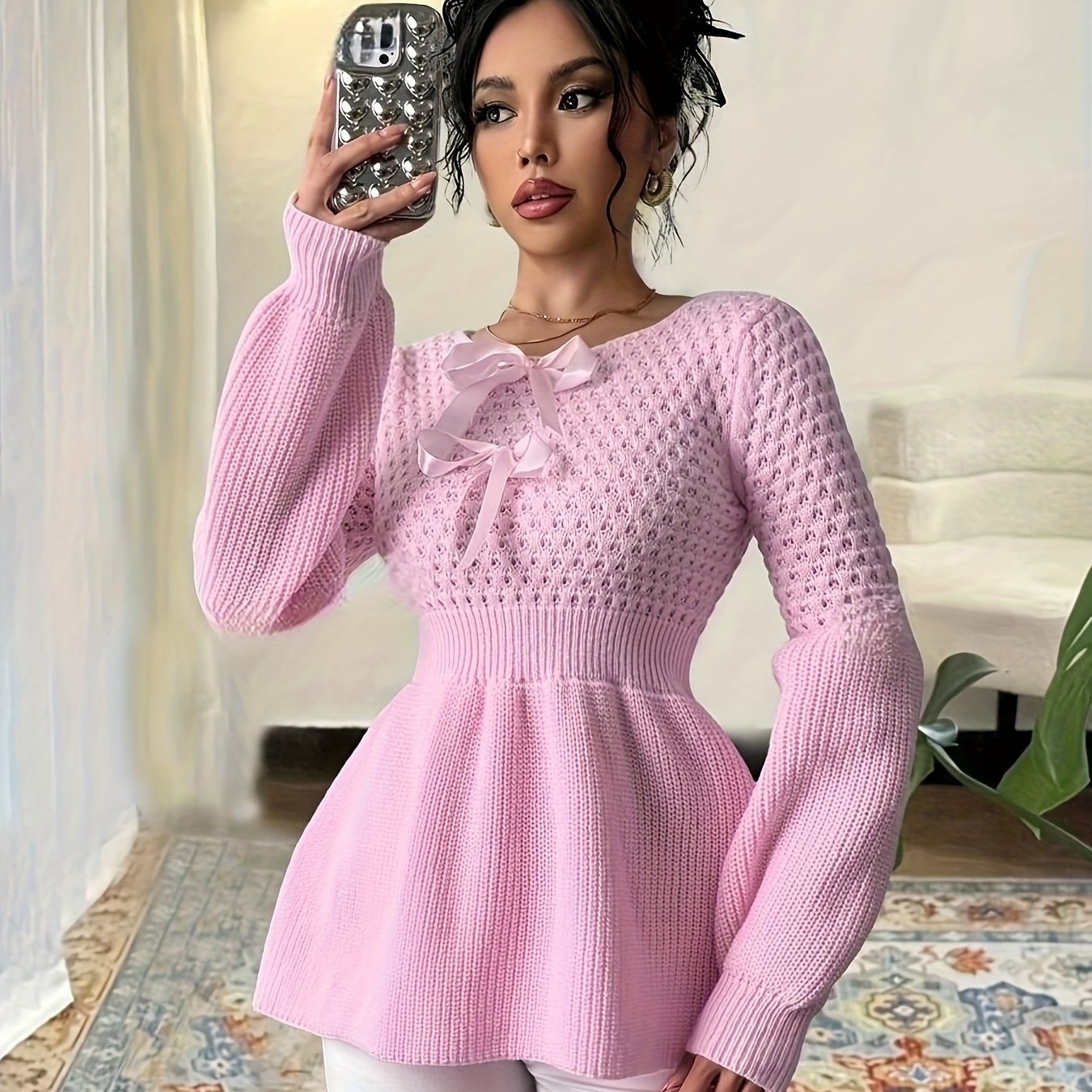 Pull élégant pour femmes – Bleu clair, manches longues, col rond, nœud décoratif, ourlet plissé, tissu stretch doux, automne/hiver, casual et formel