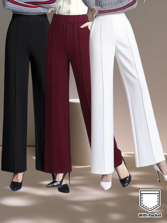 Lot de 3 Pantalons Femme Grande Taille – Taille Haute, Jambe Large avec Poches Latérales