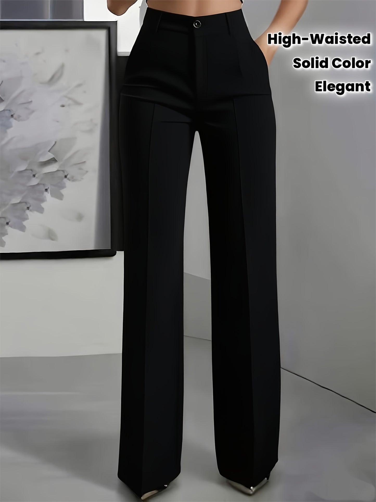 Pantalon Femme Taille Haute – Jambe Large, Sans Ceinture, Poches, Longueur Structurée, Tous Saisons, Bureau et Décontracté