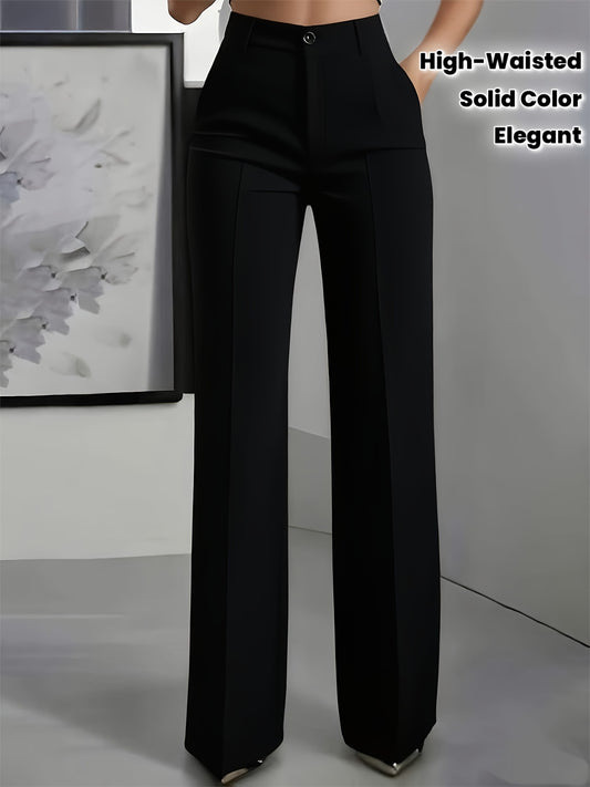 Pantalon Femme Taille Haute – Jambe Large, Sans Ceinture, Poches, Longueur Structurée, Tous Saisons, Bureau et Décontracté