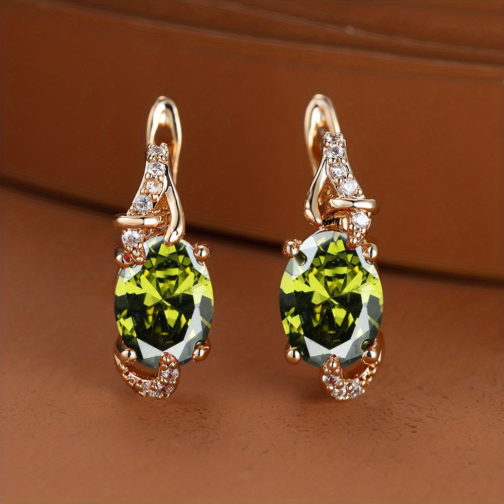 Boucles d'Oreilles Plaquées Or 18K – Pierre Colorée Taille Ovale, Style Élégant