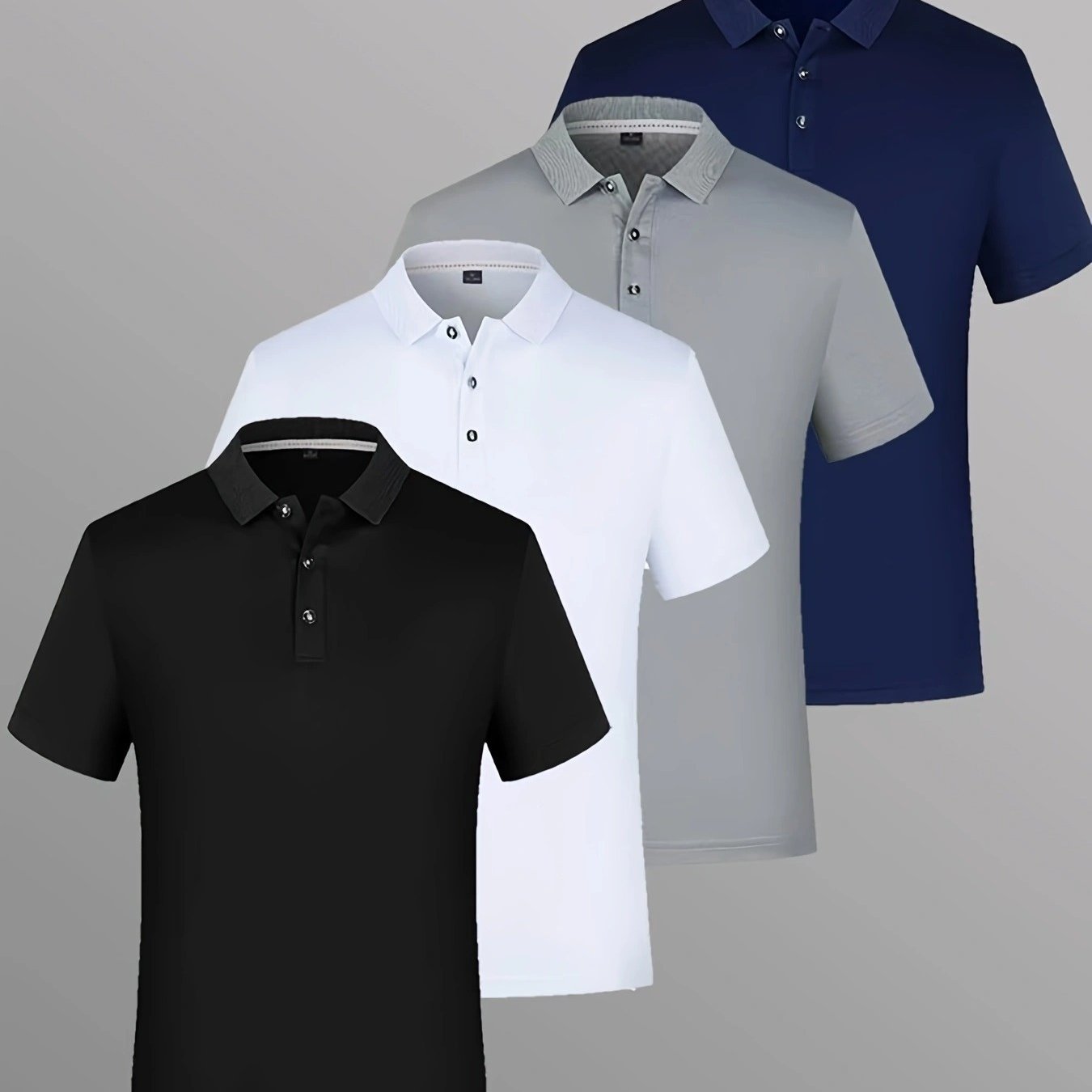 4pcs Men'S Summer Short Sleeve Shirt - Breathable Knit Fabric, Solid Color (Black, White, Navy Blue, Grey) | Regular Fit Casual Golf & Sports Wear with Button-Up Collar, 140gsm