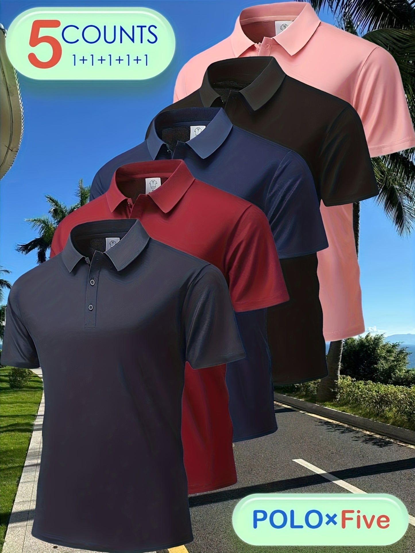5pcs Men'S Polo Shirts - Elegant Solid Color, High-Quality Fabric, Short Sleeve, Button-Up Collar, Regular Fit, All-Season Wear for Business, Travel, Work, Dates, Home & Golf, Golf Attire | Stylish Polo Set | Durable Fabric