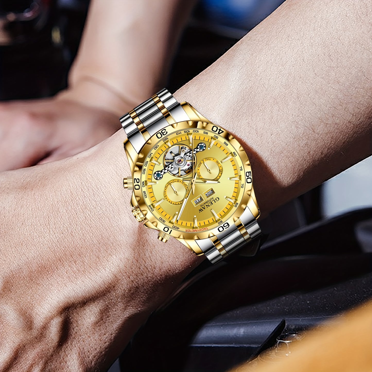 Montre automatique pour homme – Montre multifonctionnelle avec boîtier et bracelet en acier inoxydable, montre mécanique à remontage automatique avec affichage de l’année, du mois, du jour et de la semaine