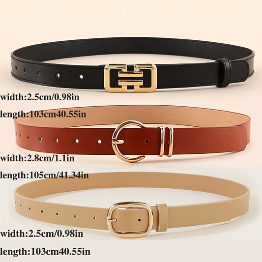 Lot de 3 ceintures pour femmes – Boucles dorées élégantes (noir, marron, beige) avec design à trous carrés et fermeture classique à boucle, pour robes, pantalons et ajustement de taille, ceinture polyvalente pour tenue décontractée et formelle
