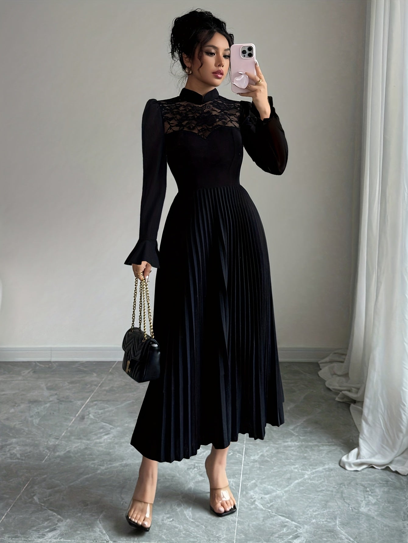 Robe Longue Élégante Femme – Silhouette A-Ligne, Col Montant, Coupe Flatteuse, Idéale Automne/Hiver, Bureau, Soirées et Mariages, Style Sophistiqué et Raffiné