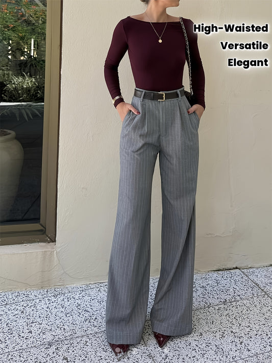Pantalon Femme Élégant Jambe Large – Rayé, Taille Haute, Fermeture Bouton, Bureau et Décontracté, Sans Ceinture, Tous Saisons