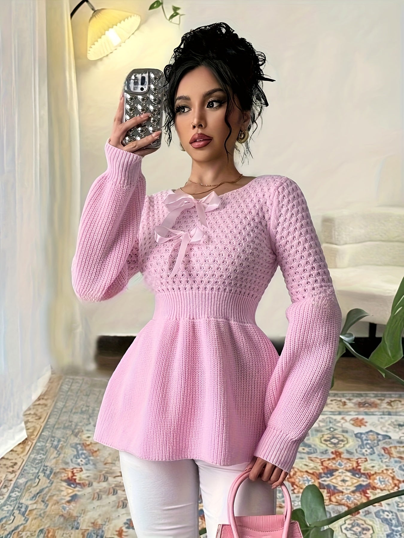 Pull élégant pour femmes – Bleu clair, manches longues, col rond, nœud décoratif, ourlet plissé, tissu stretch doux, automne/hiver, casual et formel