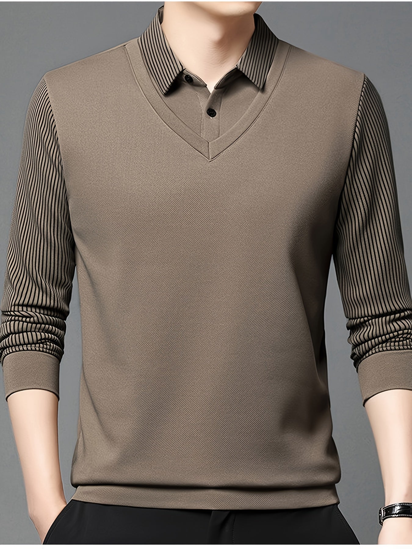 Men'S Casual Two-Tone Polo Shirt - Lightweight Loose Fit Solid Color Top with Button Collar, Long Sleeves, and Chest Pockets for Spring/Fall, Perfect for Casual Attire, Spring Fall Apparel | Classic Collar Design | Slight Str